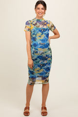 Blue Floral Mesh Short Sleeve Maternity Midi Dress