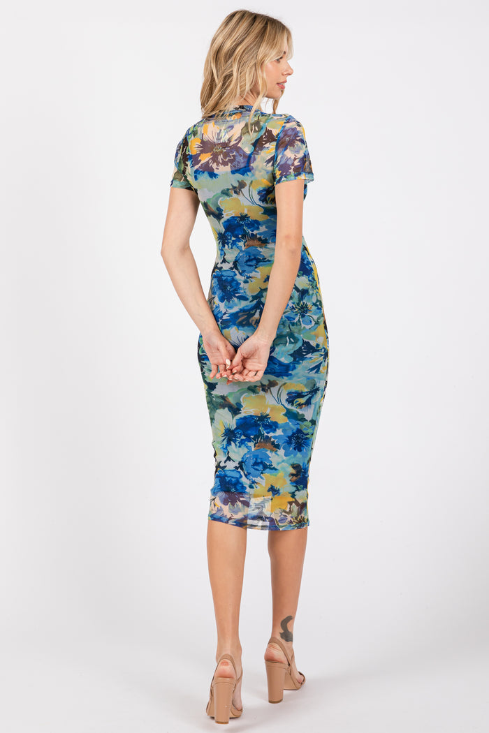 Blue Floral Mesh Short Sleeve Midi Dress