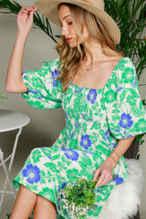 Green Floral Smocked Square Neck Midi Dress