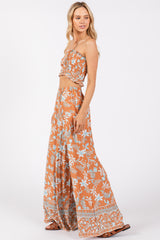 Camel Floral Tube Top Wide Leg Pant Set