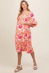 Orange Floral Smocked Square Neck Maternity Midi Dress