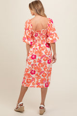 Orange Floral Smocked Square Neck Maternity Midi Dress