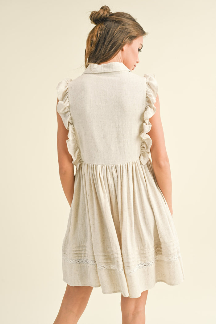 Beige Button Front Flutter Sleeve Mini Dress