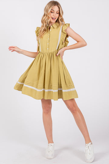 Lime Button Front Flutter Sleeve Mini Dress