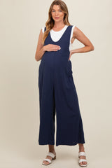 Navy Blue V-Neck Wide Leg Maternity Jumpsuit