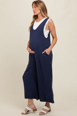 Navy Blue V-Neck Wide Leg Maternity Jumpsuit