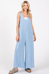 Light Blue V-Neck Wide Leg Jumpsuit