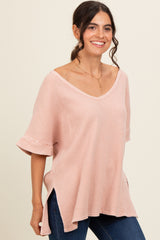 Mauve Waffle Knit V-Neck Top