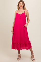 Fuchsia Button Front Pocketed Maternity Midi Dress