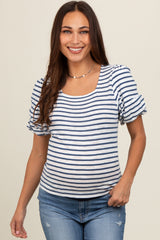 Navy Striped Puff Sleeve Maternity Top