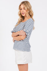 Navy Striped Puff Sleeve Top