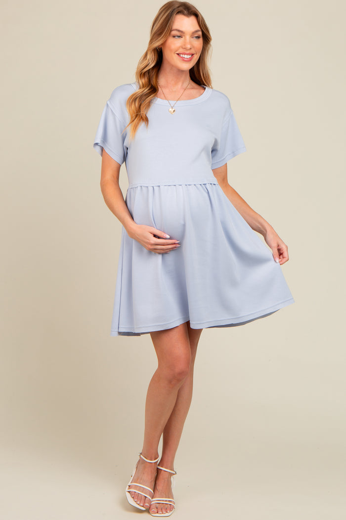 Light Blue Cut Edge Short Sleeve Maternity Dress