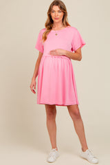 Pink Cut Edge Short Sleeve Maternity Dress