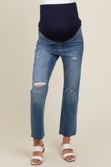 Blue Distressed Cut Hem Slim Straight Maternity Jeans