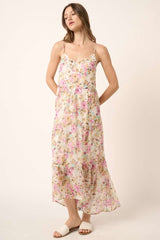 Ivory Flower Print V Neck Ruffle Tier Detail Maxi Dress