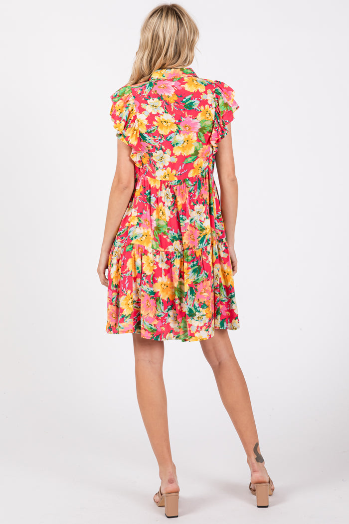 Fuchsia Floral Print Baby Doll Dress