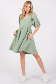 Mint Green Jacquard Puff Sleeve Dress