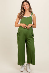 Green Linen Shoulder Tie Maternity Jumpsuit