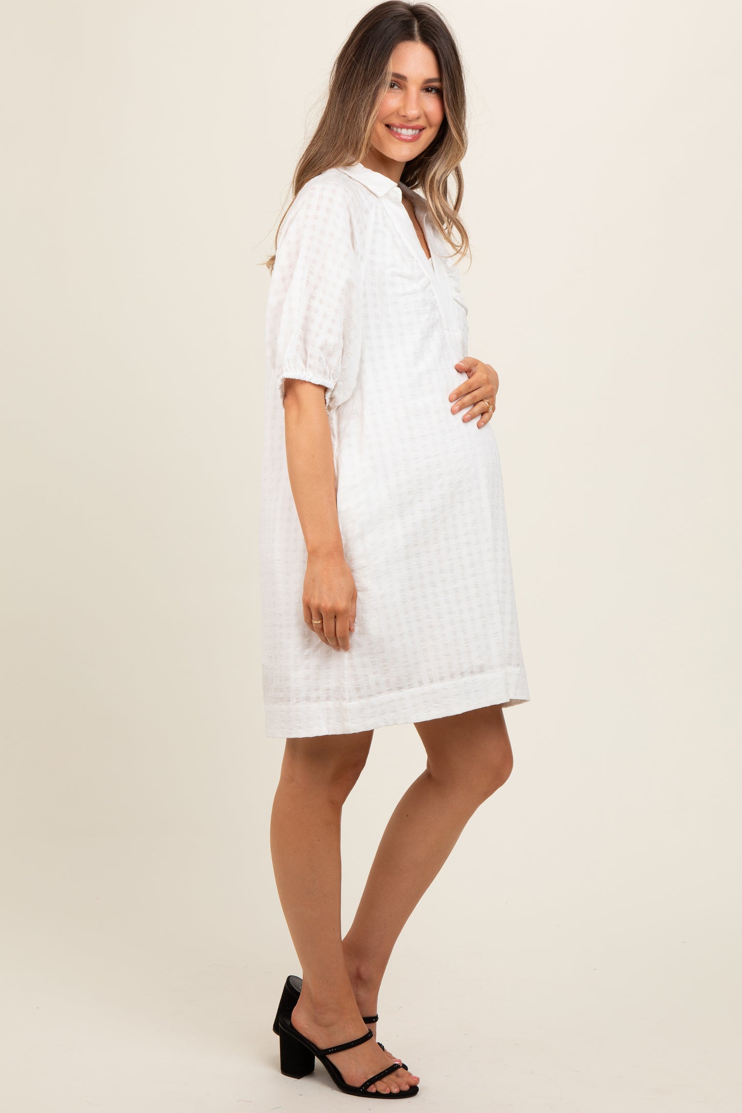 White Monochrome Striped Maternity Dress