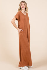 Camel Ribbed Wide Leg Jumpsuit