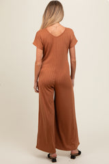 Camel Ribbed Wide Leg Maternity Jumpsuit