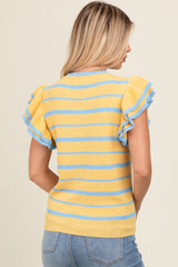 Yellow Striped Ruffle Sleeve Sweater Top