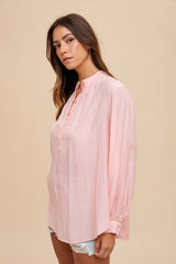 Peach Button Front Long Puff Sleeve Top