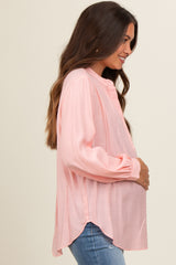 Peach Button Front Long Puff Sleeve Maternity Top