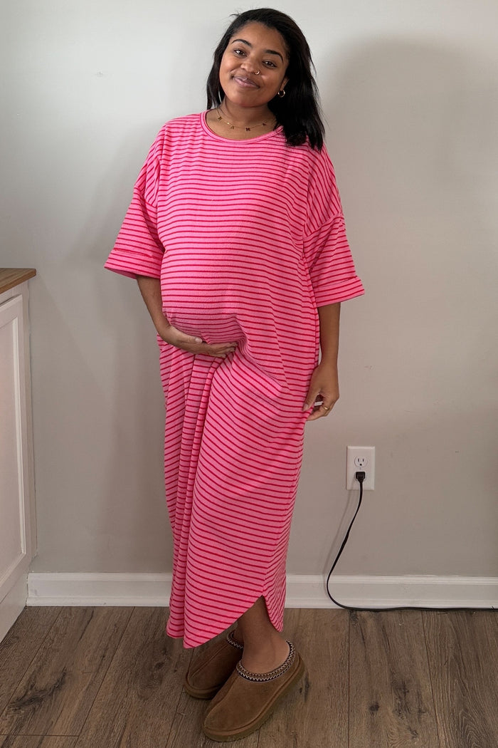 Fuchsia Striped Terry Maternity Maxi Dress