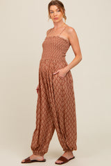 Mocha Damask Smocked Balloon Leg Maternity Jumpsuit