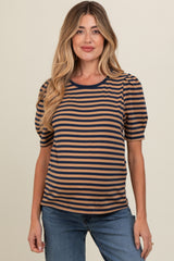 Navy Multi Striped Puff Sleeve Knit Maternity Top