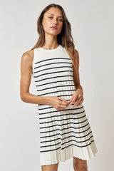 Cream Striped Sleeveless Pleated Maternity Mini Dress