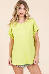 Green Rolled Cuff Short Sleeve Top