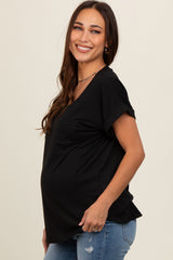 Black V-Neck Pocket Short Sleeve Maternity Shirt