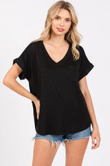 Black V-Neck Pocket Short Sleeve Shirt