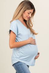 Light Blue V-Neck Pocket Short Sleeve Maternity Shirt