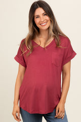 Burgundy V-Neck Pocket Short Sleeve Shirt