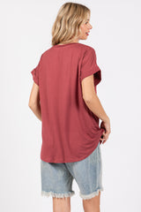 Burgundy V-Neck Pocket Short Sleeve Shirt