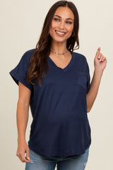 Navy V-Neck Pocket Short Sleeve Maternity Shirt