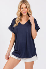 Navy V-Neck Pocket Short Sleeve Shirt