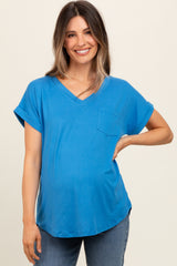 Royal Blue V-Neck Pocket Short Sleeve Maternity Shirt