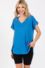 Royal Blue V-Neck Pocket Short Sleeve Maternity Shirt