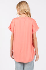 Coral V-Neck Pocket Short Sleeve Shirt