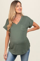 Olive V-Neck Pocket Short Sleeve Maternity Shirt