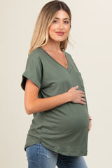 Olive V-Neck Pocket Short Sleeve Maternity Shirt