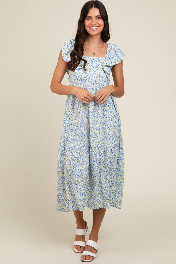 Blue Floral Ruffle Off Shoulder Midi Dress