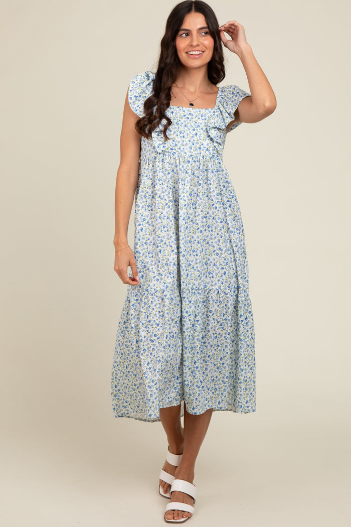 Blue Floral Ruffle Off Shoulder Midi Dress