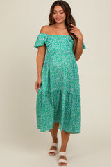 Green Floral Ruffle Off Shoulder Maternity Midi Dress