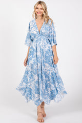 Blue Printed V-Neck Draped Maternity Maxi Dress