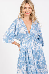 Blue Printed V-Neck Draped Maxi Dress